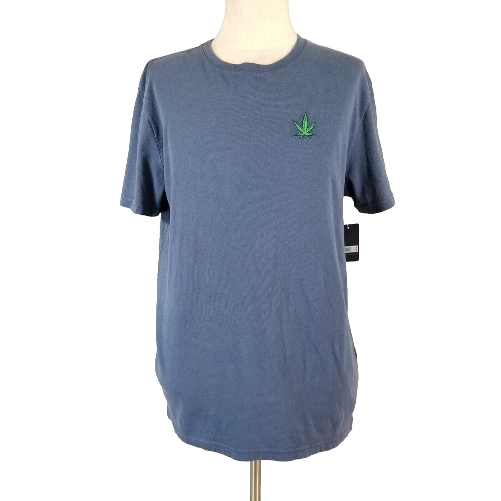 Lucky Brand shirt mens large blue short sleeve cotton marijuana leaf embroidered
